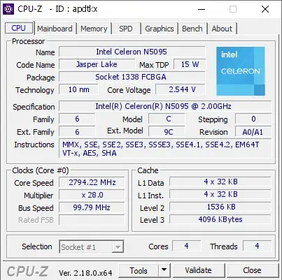 Intel Celeron N5095的CPU-Z跑分