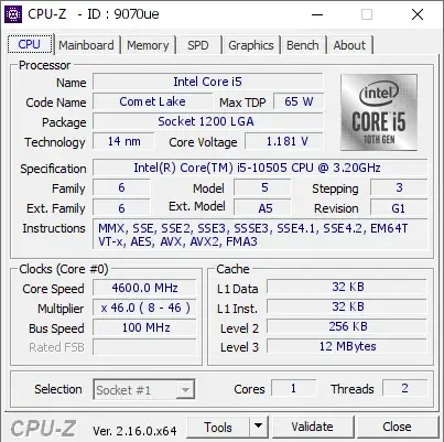 Intel Core i5-10505的CPU-Z跑分