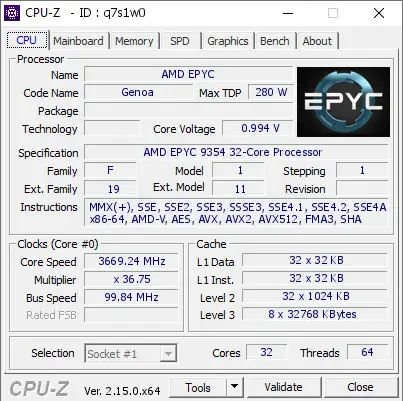 AMD EPYC 9354的CPU-Z跑分