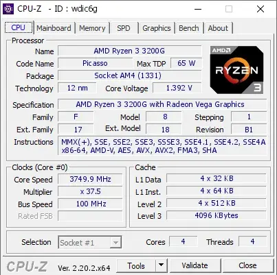 AMD Ryzen 3 3200G的CPU-Z跑分