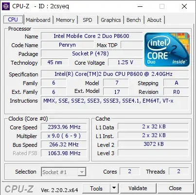 Intel Core2 Duo P8600的CPU-Z跑分