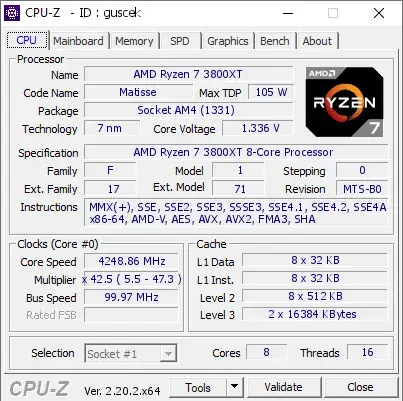 AMD Ryzen 7 3800XT的CPU-Z跑分