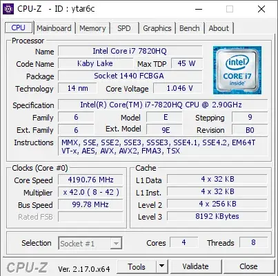 Intel Core i7-7820HQ的CPU-Z跑分