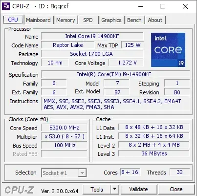 Intel Core i9-14900KF的CPU-Z跑分