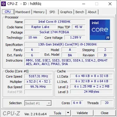 13th Gen Intel Core i9-13900HK的CPU-Z跑分