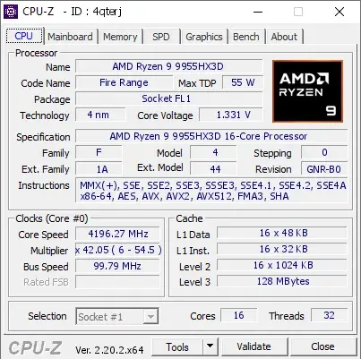 AMD Ryzen 9 9955HX3D的CPU-Z跑分