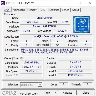 Intel Celeron 6305的CPU-Z跑分