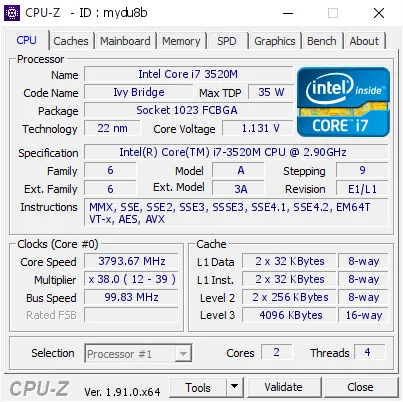 Intel Core i7-3520M的CPU-Z跑分
