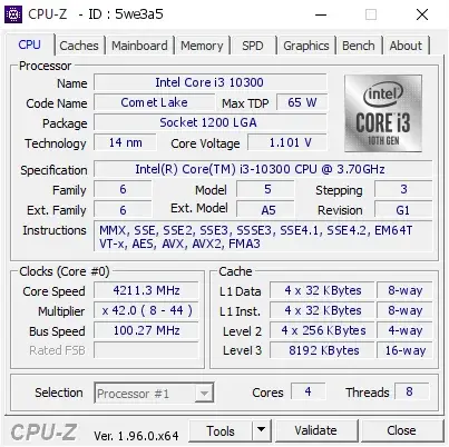 Intel Core i3-10300的CPU-Z跑分