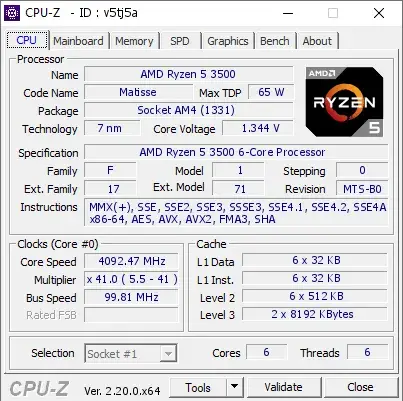 AMD Ryzen 5 3500的CPU-Z跑分