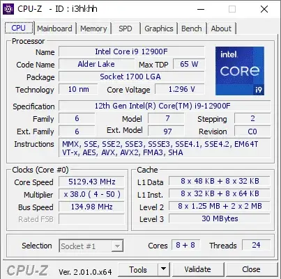 12th Gen Intel Core i9-12900F的CPU-Z跑分