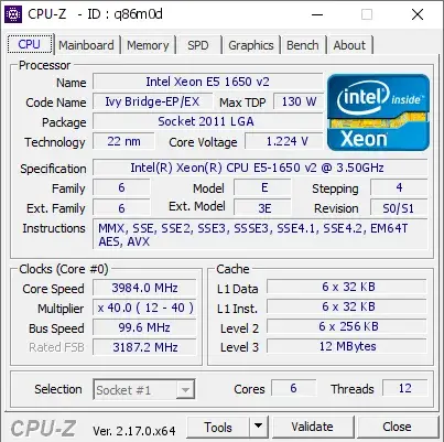Intel Xeon E5-1650 v2的CPU-Z跑分