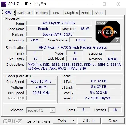 AMD Ryzen 7 4700G的CPU-Z跑分