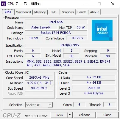 Intel N95的CPU-Z跑分