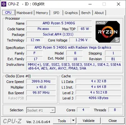 AMD Ryzen 5 3400G的CPU-Z跑分