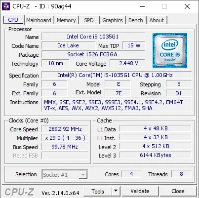 Intel Core i5-1035G1 CPU的CPU-Z跑分