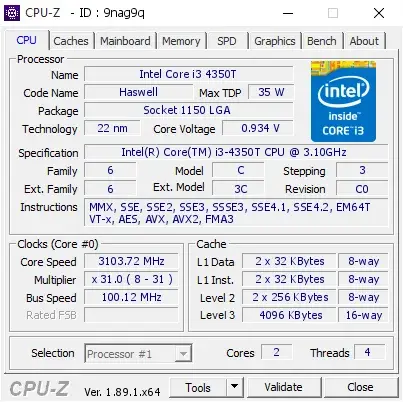Intel Core i3-4350T的CPU-Z跑分
