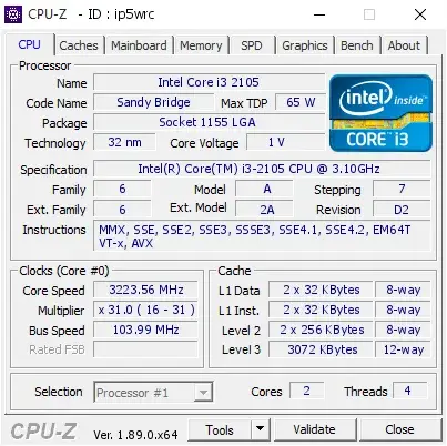Intel Core i3-2105的CPU-Z跑分