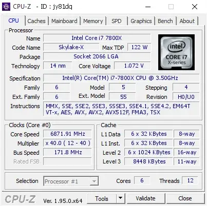 Intel Core i7-7800X的CPU-Z跑分