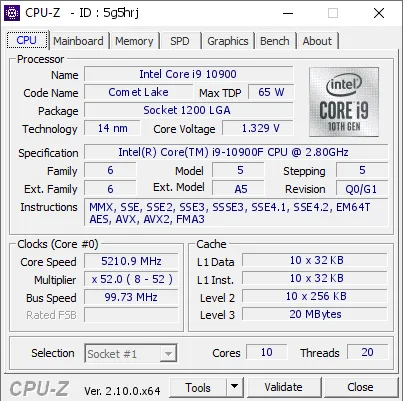 Intel Core i9-10900F的CPU-Z跑分