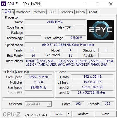 AMD EPYC 9654的CPU-Z跑分