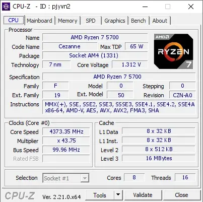 AMD Ryzen 7 5700的CPU-Z跑分