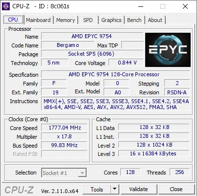 AMD EPYC 9754的CPU-Z跑分