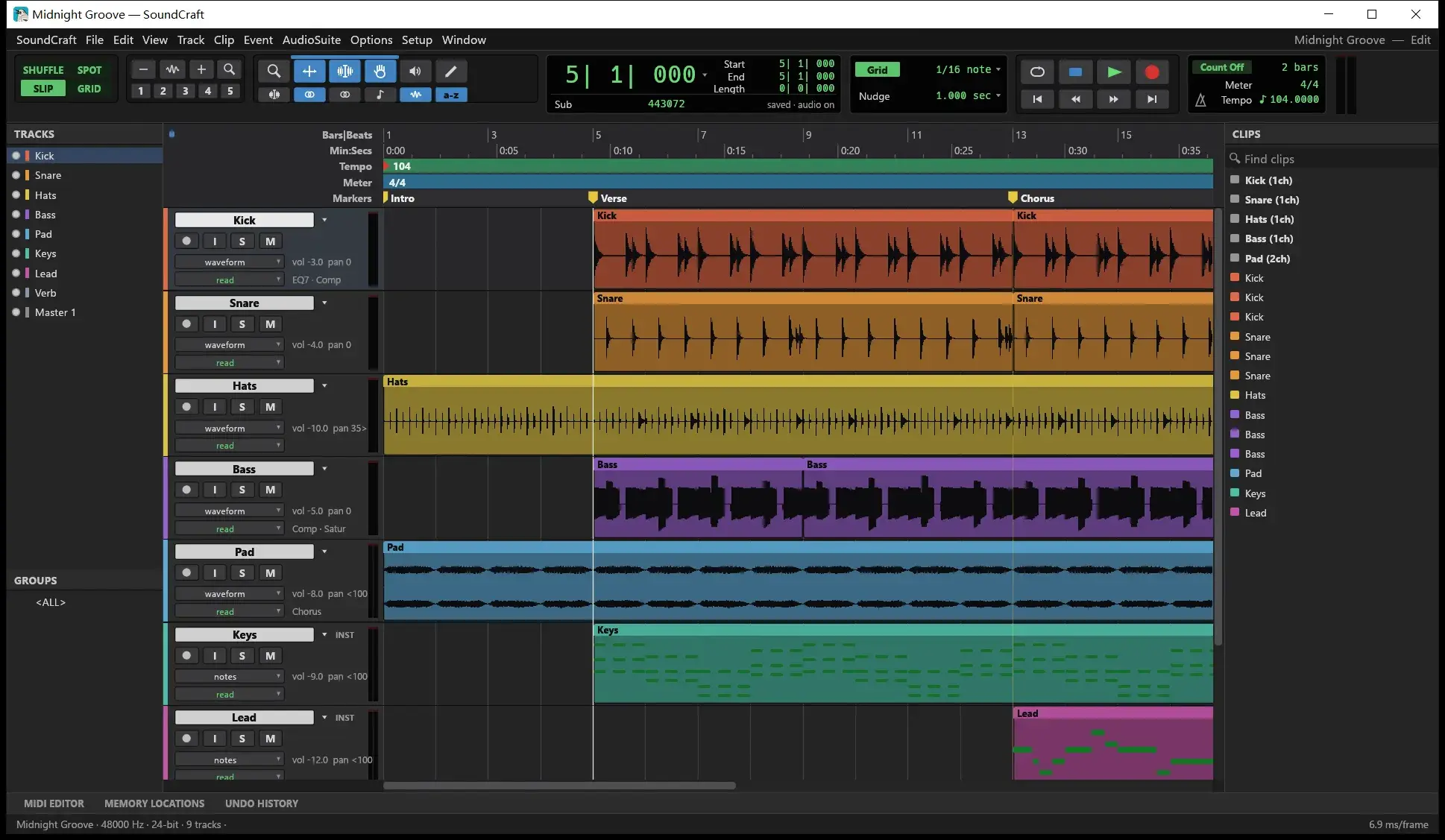 SoundCraft 主界面：Pro Tools 式的轨道区与工具栏，左边是编辑模式、工具和播放列表