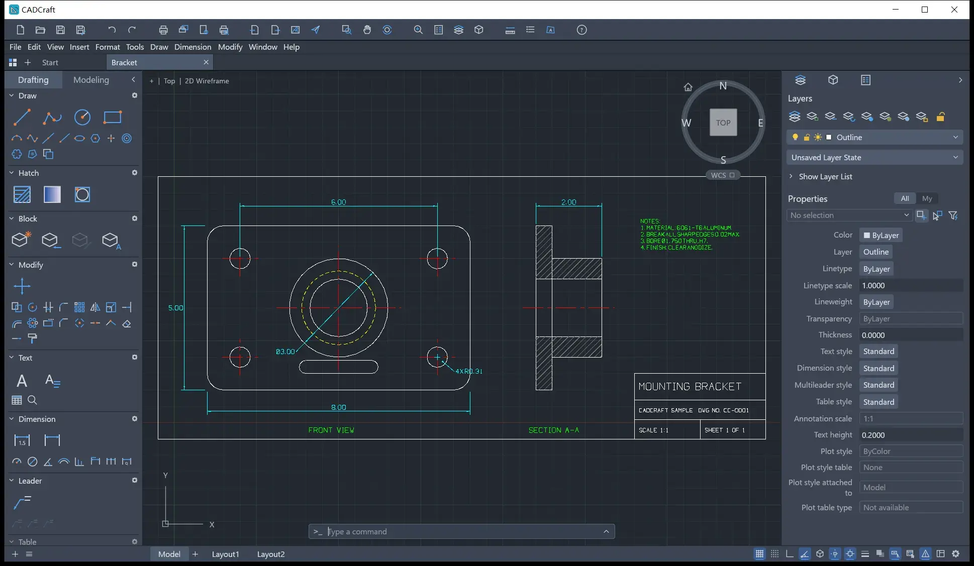 CADCraft 主界面:命令行加绘图区,熟悉的 AutoCAD 工作方式