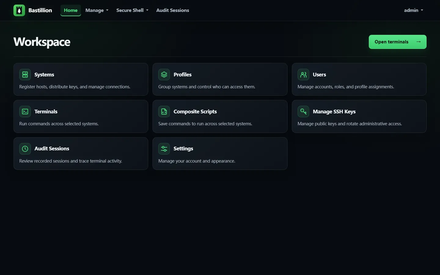 Bastillion 工作台首页:系统、配置、用户、终端、审计各入口