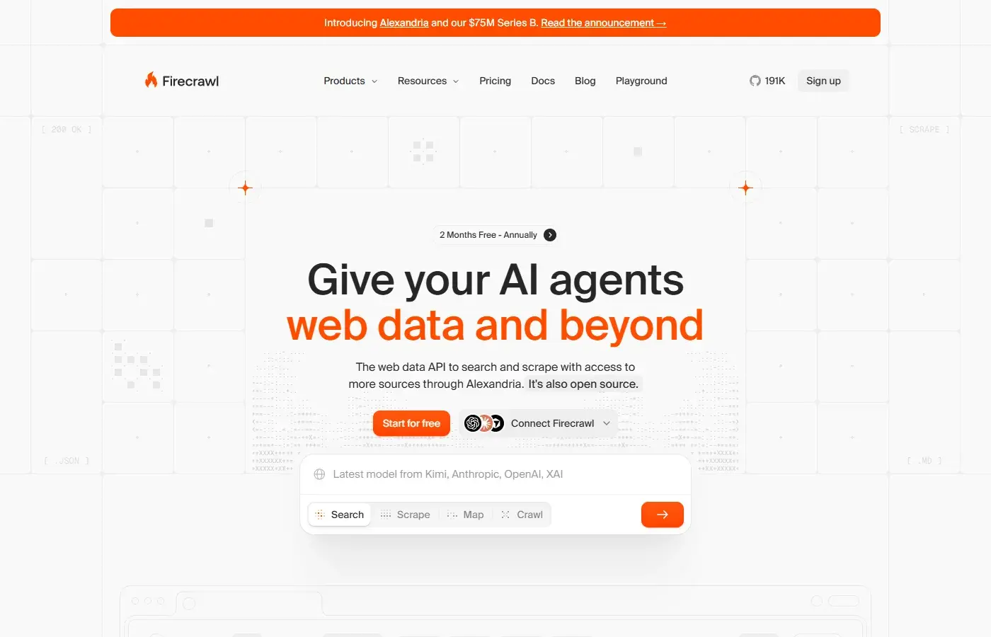 Firecrawl 官网首页:Give your AI agents web data and beyond,下方是 Search / Scrape / Map / Crawl 查询框