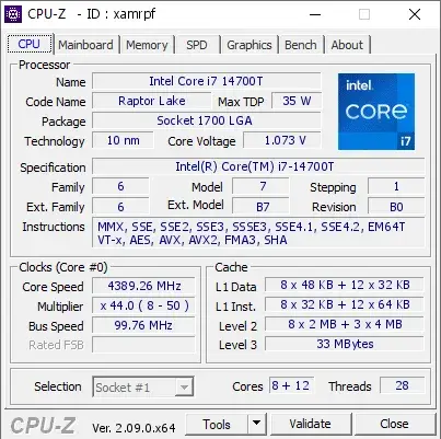 Intel Core i7-14700T的CPU-Z跑分-剑客网- 第4张图片 Intel Core i7-14700T的CPU-Z跑分-剑客网- 第4张图片