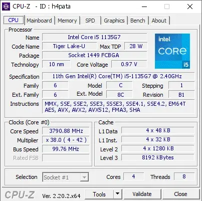 11th Gen Intel Core i5-1135G7的CPU-Z跑分