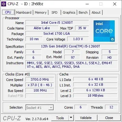12th Gen Intel Core i5-12600T的CPU-Z跑分