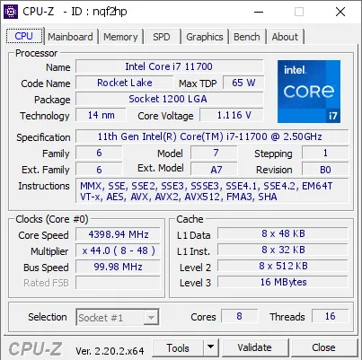 11th Gen Intel Core i7-11700的CPU-Z跑分