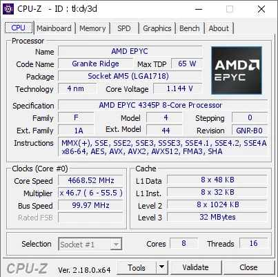 AMD EPYC 4345P的CPU-Z跑分
