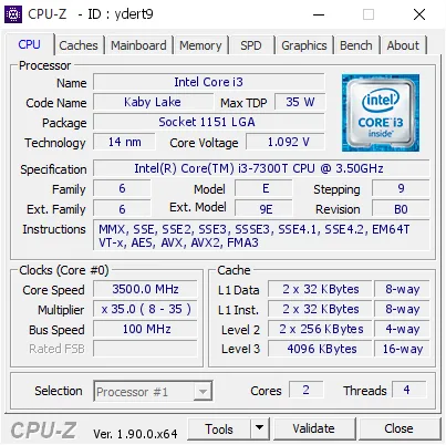 Intel Core i3-7300T的CPU-Z跑分