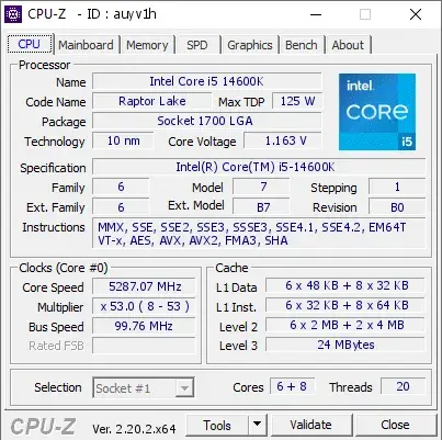 Intel Core i5-14600K的CPU-Z跑分