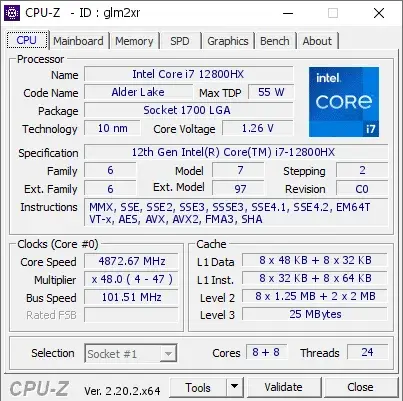 12th Gen Intel Core i7-12800HX的CPU-Z跑分