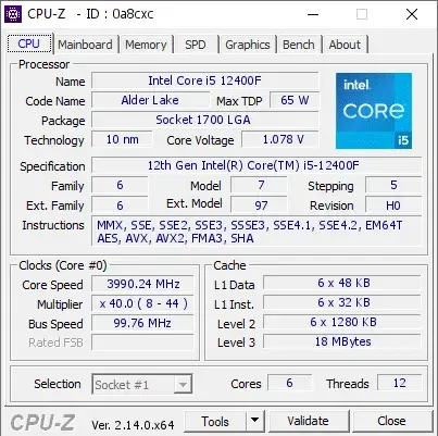 12th Gen Intel Core i5-12400F的CPU-Z跑分