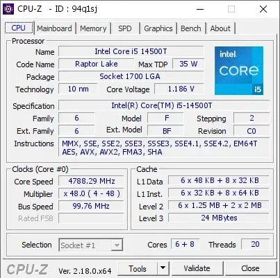 Intel Core i5-14500T的CPU-Z跑分