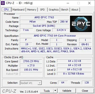 AMD EPYC 7763的CPU-Z跑分