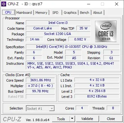 Intel Core i3-10305T的CPU-Z跑分