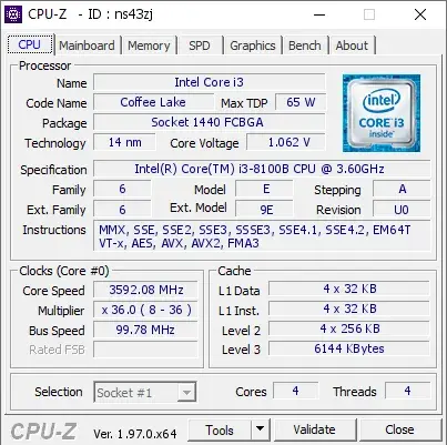 Intel Core i3-8100B CPU的CPU-Z跑分