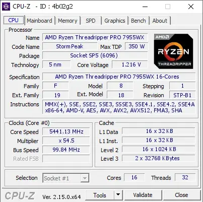 AMD Ryzen Threadripper PRO 7955WX 16-Cores的CPU-Z跑分