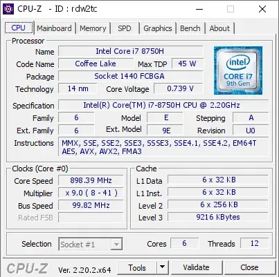Intel Core i7-8750H CPU的CPU-Z跑分