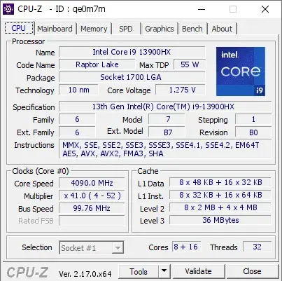 13th Gen Intel Core i9-13900HX的CPU-Z跑分
