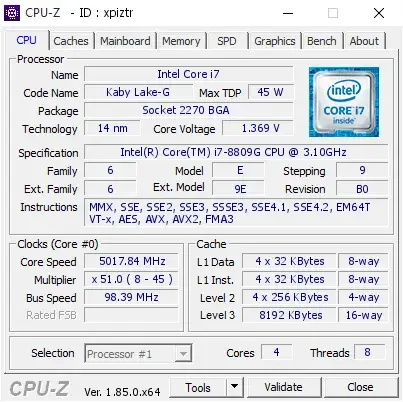 Intel Core i7-8809G的CPU-Z跑分