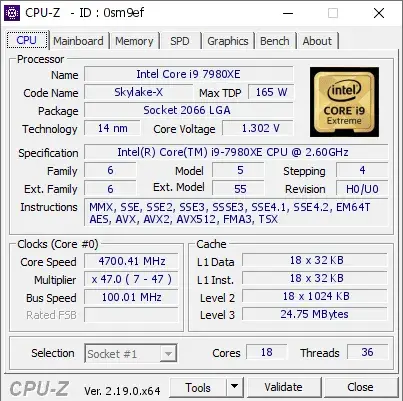 Intel Core i9-7980XE CPU的CPU-Z跑分