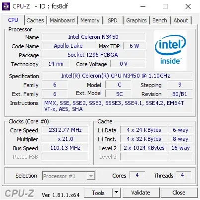 Intel Celeron N3450的CPU-Z跑分